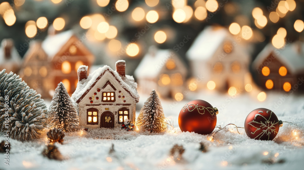 Festive miniature christmas village with glowing houses, snow, ornaments, and cozy lights Festive miniature christmas village with glowing houses, snow, ornaments, and cozy lights