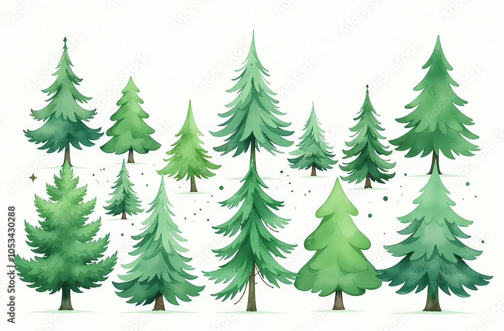 Obraz premium A collection of watercolor green Christmas fir trees