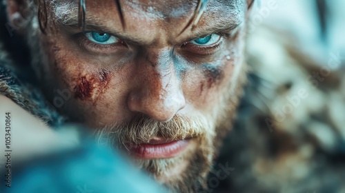 This image captures a fierce warrior with intense blue eyes, smeared with battle scars and dirt, evoking a sense of resilience and determination.