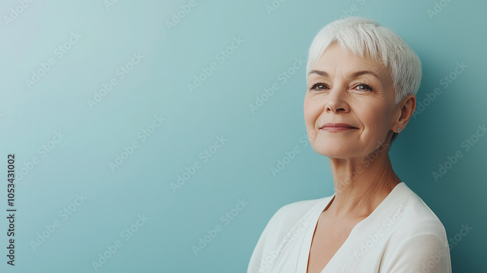 Portrait of a confident and serene senior woman with short gray hair, smiling beautifully in the studio Portrait of a confident and serene senior woman with short gray hair, smiling beautifully in the studio