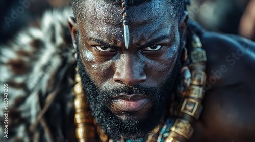 A powerfully built warrior adorned with intricate tribal jewelry stares directly ahead, conveying raw strength and commanding presence in a primal setting. photo