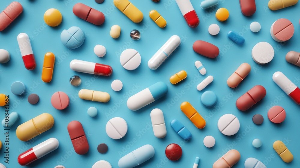 Assorted pills and tablets scattered on a blue background in various colors and shapes. Assorted pills and tablets scattered on a blue background in various colors and shapes.