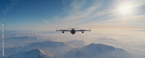 Innovative transportation technology: modern electric vtol aircraft soaring over snowy mountain range at sunrise photo