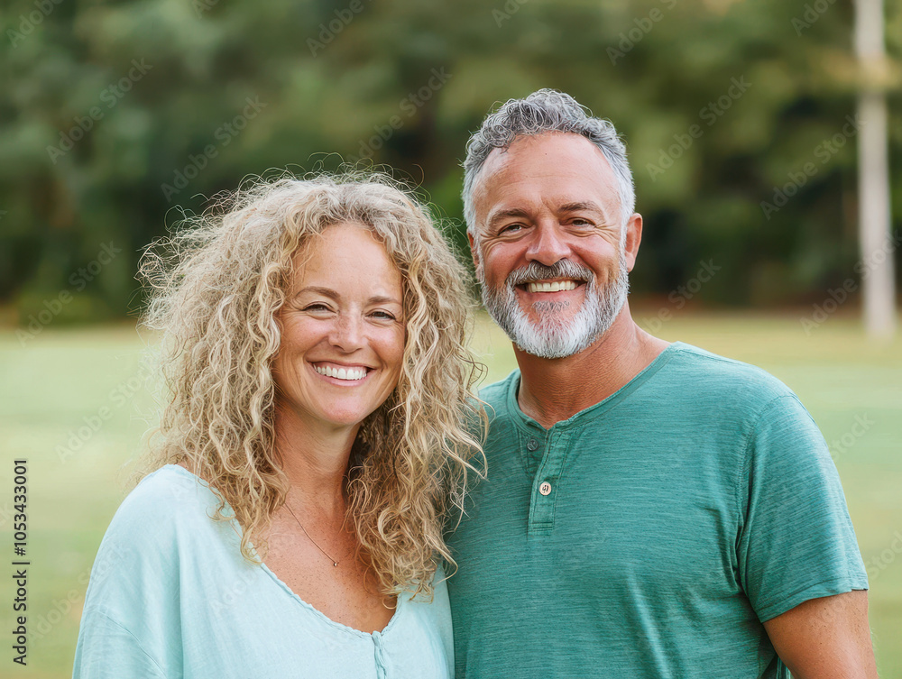 Middle-aged couple smiling and enjoying a sunny day in the park while embracing happiness and togetherness Middle-aged couple smiling and enjoying a sunny day in the park while embracing happiness and togetherness