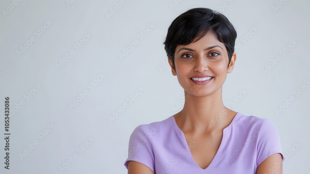 Portrait of a radiant woman in her 30s with short black hair and a warm smile, wearing a purple shirt against a soft background. Portrait of a radiant woman in her 30s with short black hair and a warm smile, wearing a purple shirt against a soft background.