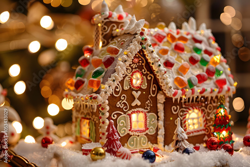 Festive gingerbread house with intricate icing patterns and candy roof tiles for cozy Christmas celebration