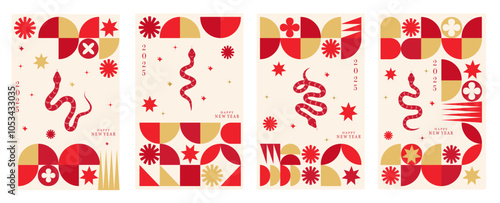 Vector set of Happy New Year 2025 vertical backgrounds with a snake and geometric shapes.