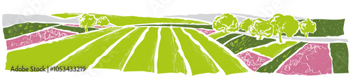 Vector sketch Green grass field on small hills. Meadow, alkali, lye, grassland, pommel, lea, pasturage, farm. Rural scenery landscape panorama of countryside pastures. Watercolor illustration
