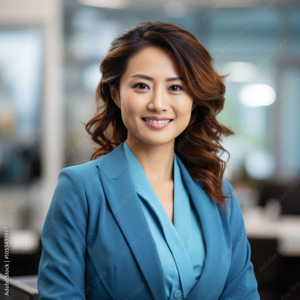 Fototapeta premium Confident Japanese businesswoman in an office environment smiling warmly