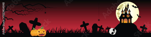 Creepy Halloween graveyard banner with pumpkin, skull, spiders, and eerie moonlit house
