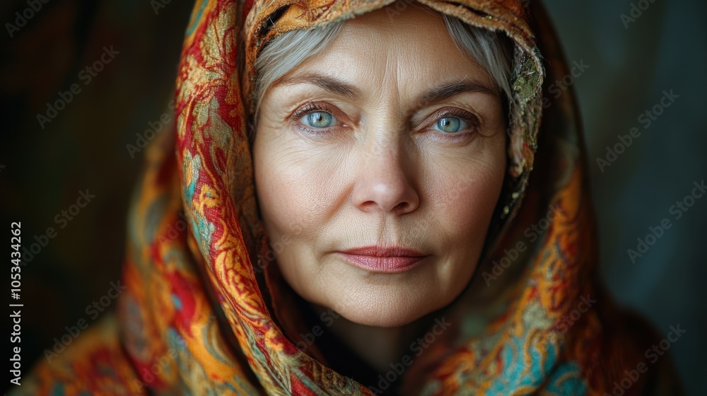 Middle-aged Russian woman with a traditional dress and a kind expression.