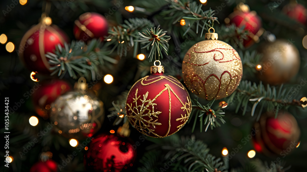 Naklejka premium Close-up of shimmering red and gold Christmas ornaments with fairy lights on pine tree