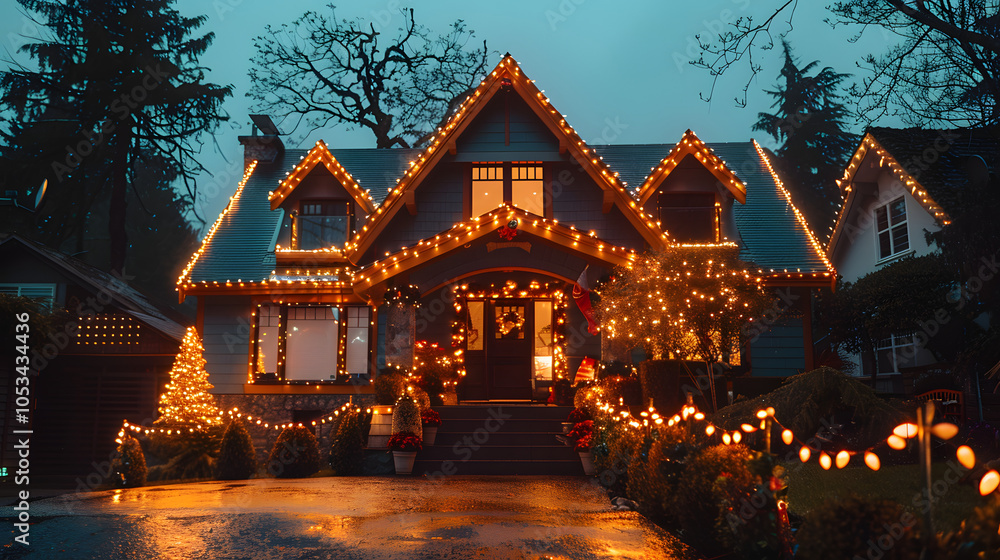 Obraz premium house covered with christmas lights and festive decorations for the holiday season