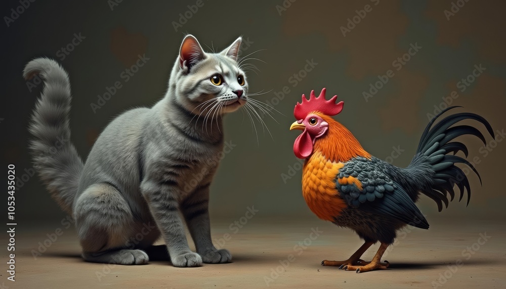Fototapeta premium An unlikely friendship A cat and rooster share a moment