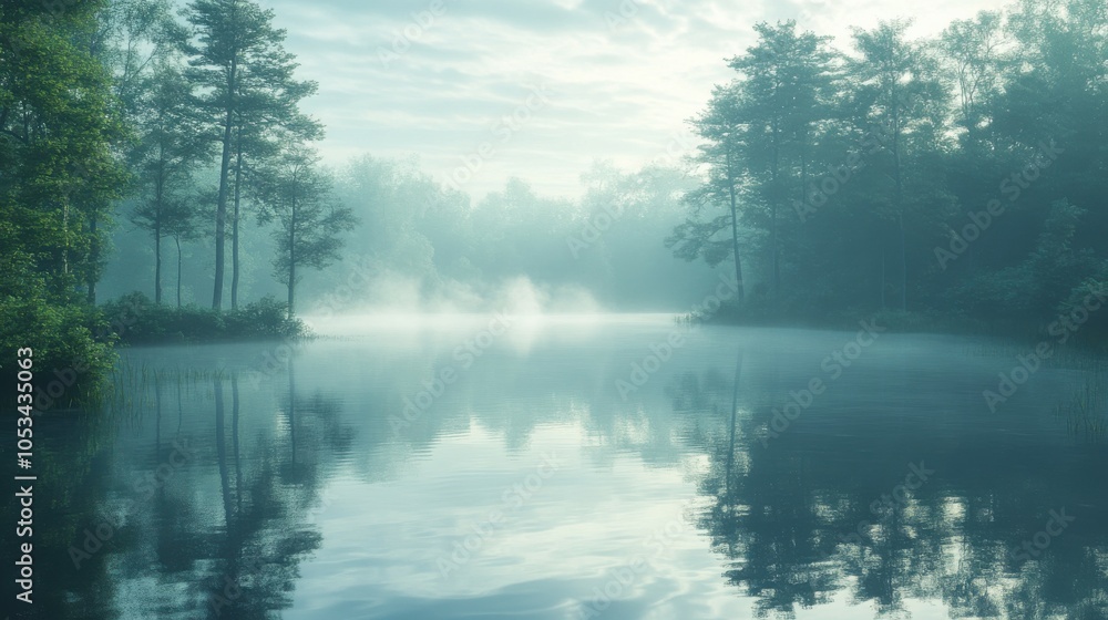 Fototapeta premium Misty morning fog rolling over a tranquil lake, 4K hyperrealistic photo