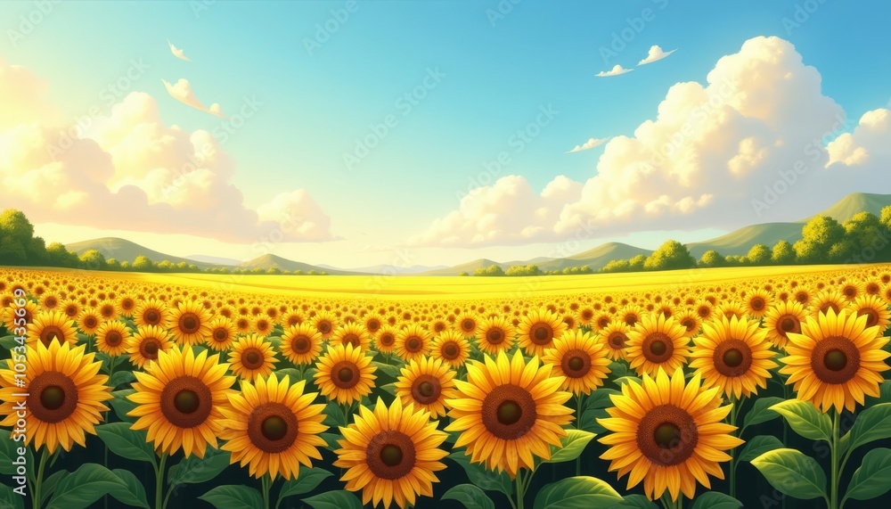 Obraz premium Bright and cheerful sunflower field under a clear sky
