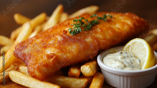 Fried fish and chips with tartar sauce and lemon wedge.