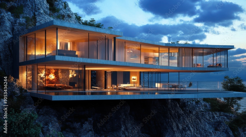 Obraz premium Modernist cliffside residence with glass walls.