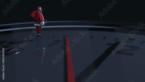 Santa Claus carrying gifts in sack walking on ticking clock. St Nicholas at midnight delivering gifts. Santa claus time concept with clock shows midnight twelwe hour. photo