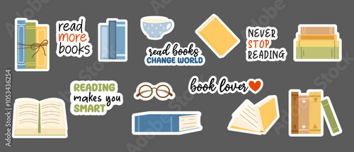 Set of stickers with different books and quotes about reading. Stacks of books to read, open books. Cozy reading set, cup and reading glasses. Textbooks for education. Flat vector illustration.