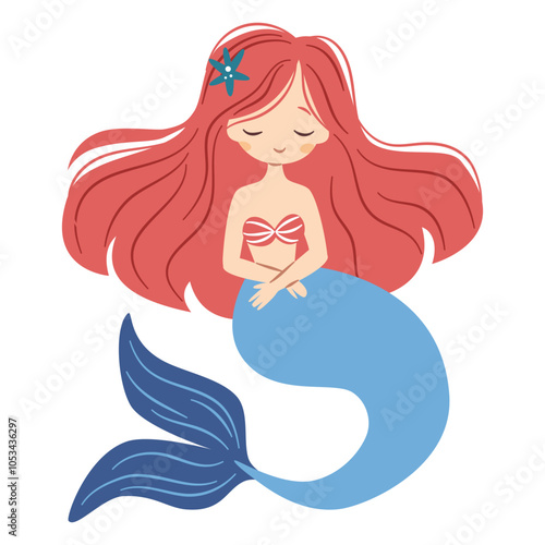 Flat vector illustration in children's style. Cute mermaid with long hair on white background. Vector illustration