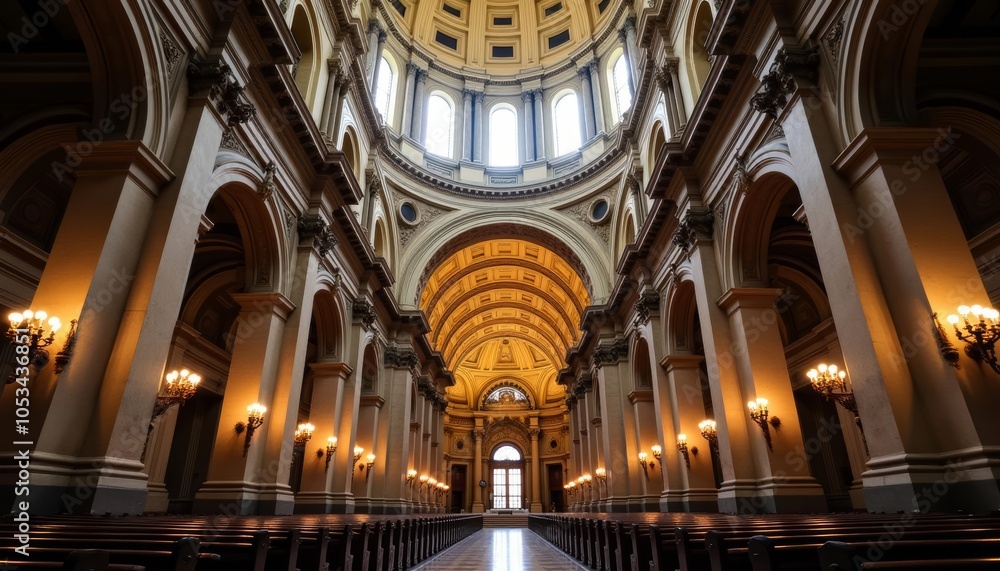 Elegant cathedral interior with arches and stained glass windows Elegant cathedral interior with arches and stained glass windows