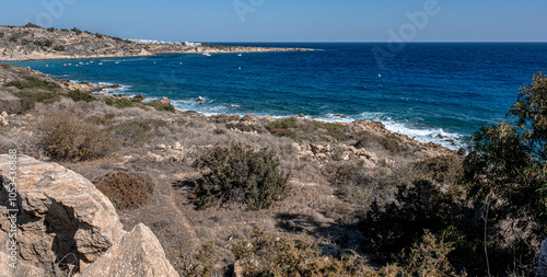 Konnos Bay Nature Trail, from Agioi Anargyroi Church to the Cyclops Cave, along the rugged coastline with beautiful sea and coast views, Cape Greco National Forest Park, Ayia Napa, Cyprus    photo