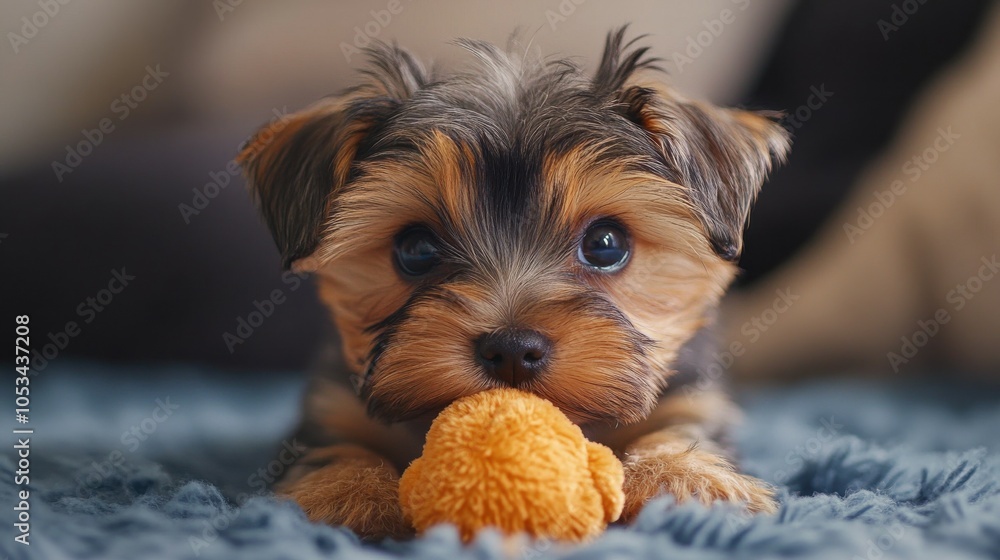 Mischievous Yorkshire Terrier puppy playing with a squeaky toy, 4K hyperrealistic photo Mischievous Yorkshire Terrier puppy playing with a squeaky toy, 4K hyperrealistic photo