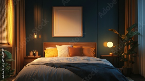 Modern bedroom with a mockup frame on the nightstand