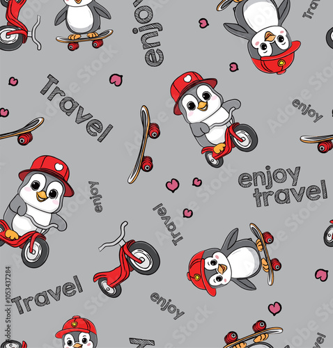 Cartoon vector isolated pattern of penguins travelers on gray background