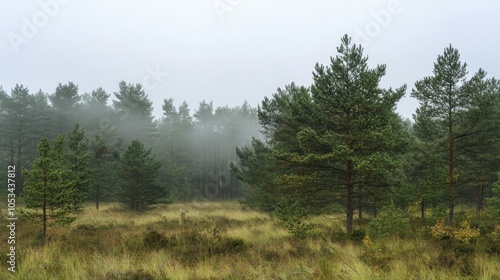 Misty morning in a pine forest