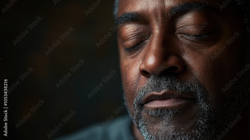 Fototapeta premium A man with a wise demeanor reflects on life as soft shadows emphasize his features. His downcast eyes evoke nostalgia, creating a profound, introspective atmosphere filled with experience.