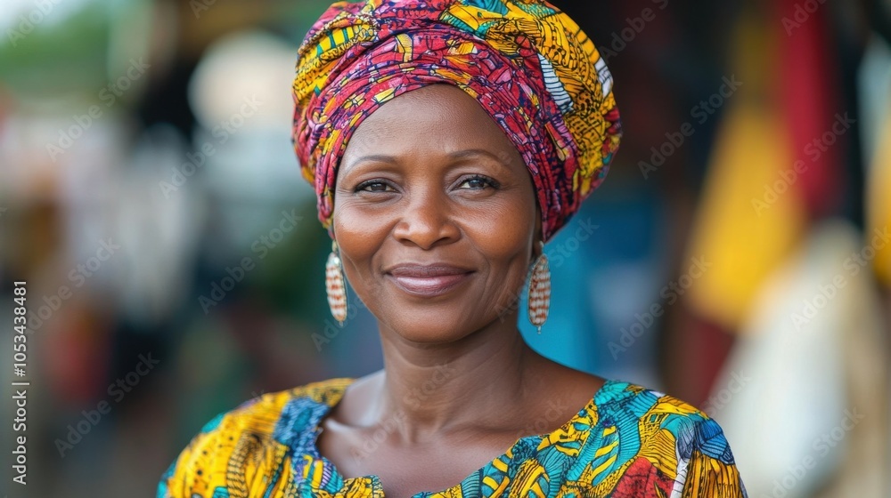 Middle-aged Nigerian woman with a colorful dress and a friendly expression. Middle-aged Nigerian woman with a colorful dress and a friendly expression.