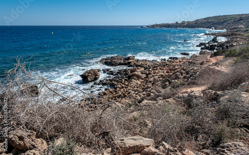 Konnos Bay Nature Trail, from Agioi Anargyroi Church to the Cyclops Cave, along the rugged coastline with beautiful sea and coast views, Cape Greco National Forest Park, Ayia Napa, Cyprus    photo