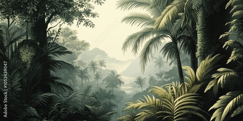 Naklejka premium Serene Watercolor Jungle Landscape