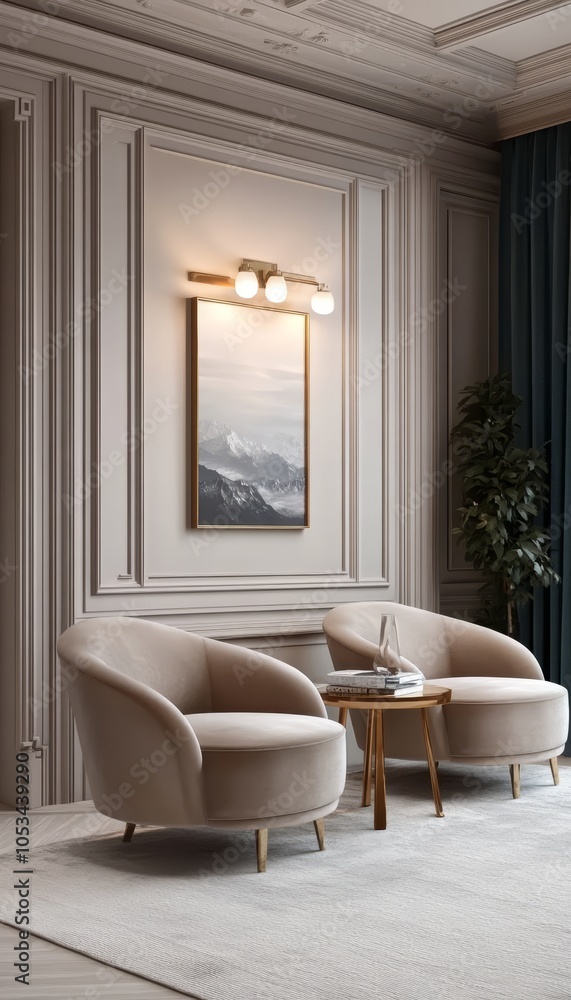 Elegant Living Room Two Armchairs, Coffee Table, Classic Wall Molding, and Neutral Tones Elegant Living Room Two Armchairs, Coffee Table, Classic Wall Molding, and Neutral Tones