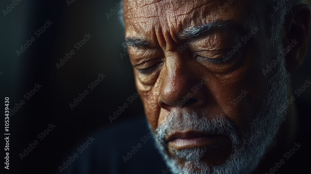 Fototapeta premium A man with a wise demeanor reflects on life as soft shadows emphasize his features. His downcast eyes evoke nostalgia, creating a profound, introspective atmosphere filled with experience.