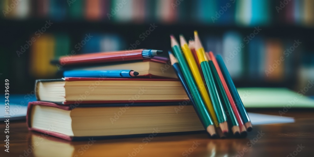 Knowledge is Power: A vibrant stack of books and colored pencils rest on a wooden desk, symbolizing the potential for learning and creativity. Knowledge is Power: A vibrant stack of books and colored pencils rest on a wooden desk, symbolizing the potential for learning and creativity.