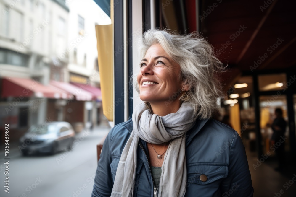 Portrait of a smiling middle-aged woman in the city. Portrait of a smiling middle-aged woman in the city.