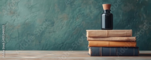 Artistic depiction of a fountain pen and ink bottle set against a backdrop of old books photo