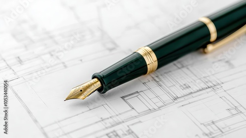 Artistic view of a fountain pen sketching architectural designs, with technical drawings surrounding it, Fountain pen for technical drawing, Detailed and precise