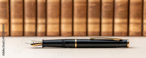 Artistic depiction of a fountain pen and ink bottle set against a backdrop of old books