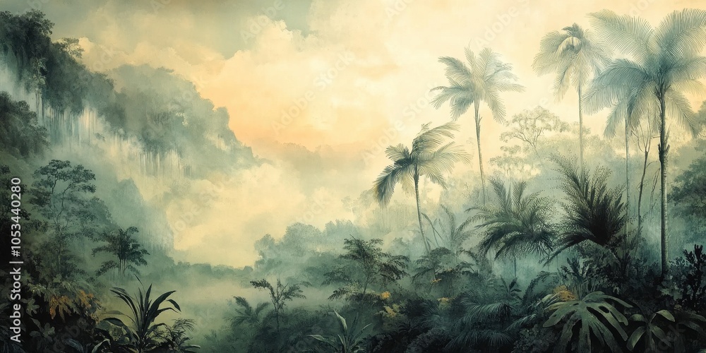Naklejka premium Jungle Watercolor Pattern Wallpaper Design