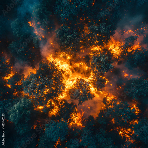 natural phenomenon, forest fire close-up of coals smoke, shooting top view from a quadcopter photo