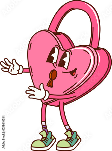 Cartoon groovy valentine day heart lock character. Adorable heart shaped pink padlock is smiling, and stretching its arms. Vector holiday retro y2k personage featuring love, security and happiness