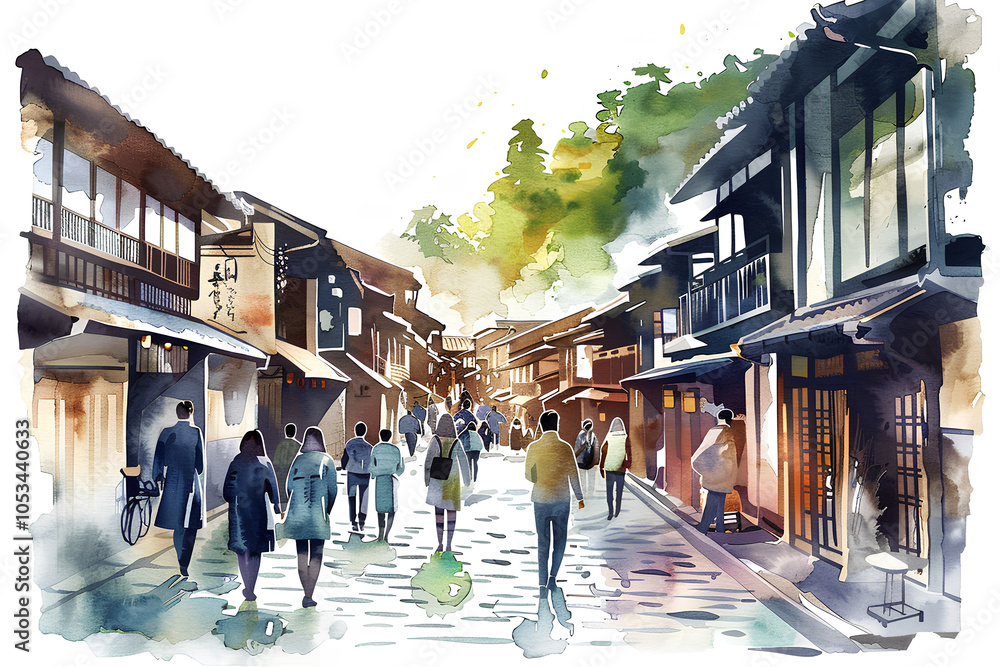 Obraz premium 古い宿場町と観光客の水彩画-2