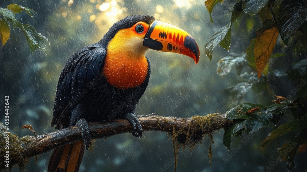 Obraz premium A toucan with a large orange beak perches on a branch in a rainforest with rain falling around it.
