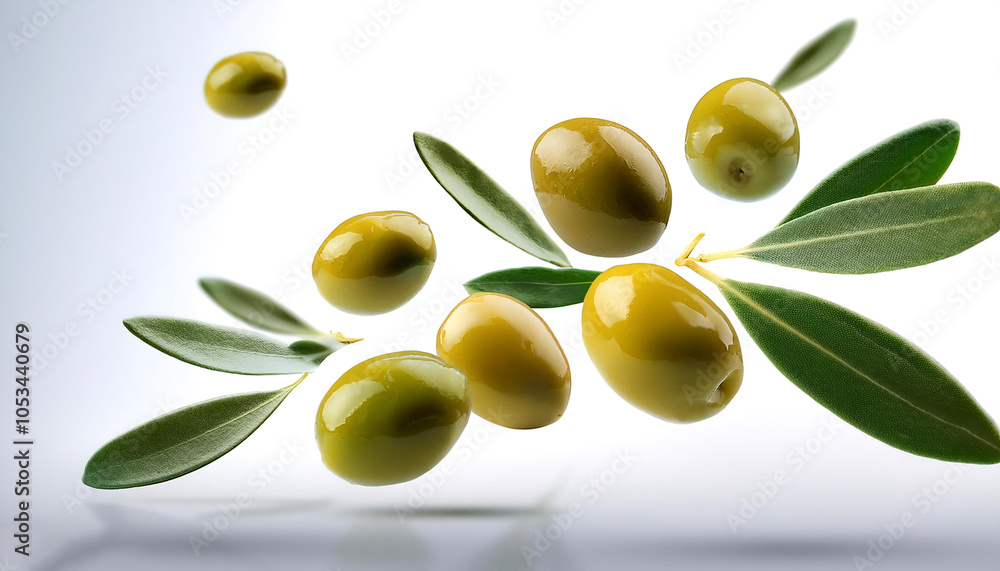Olive fruit with leaves floating or flying isolated white background Olive fruit with leaves floating or flying isolated white background