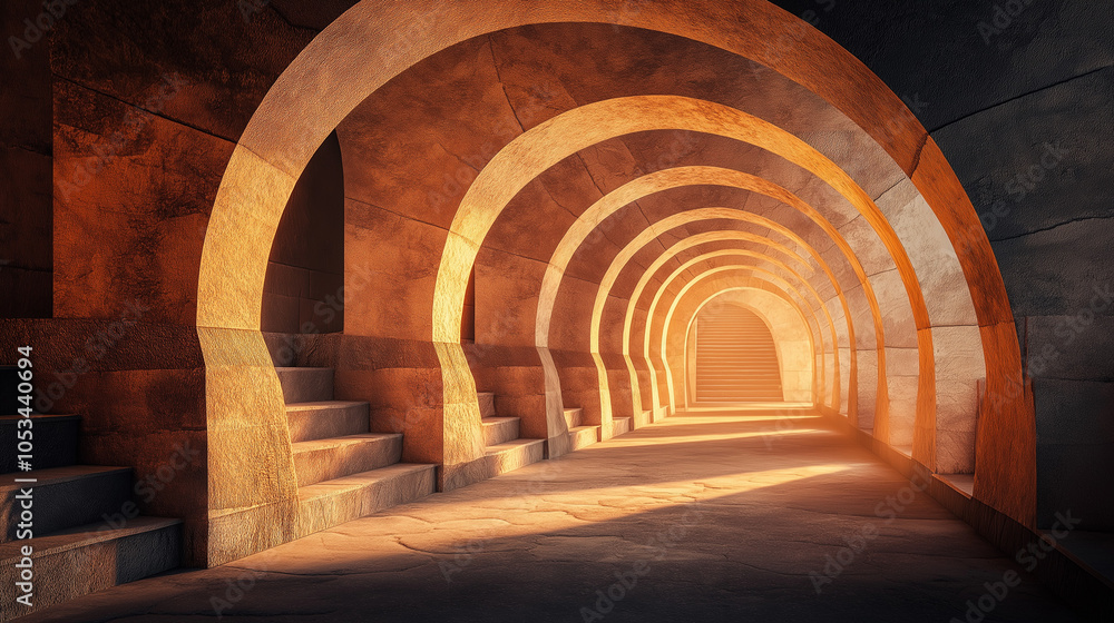 Fototapeta premium A long corridor with multiple arches, illuminated by a soft, warm glow. 
