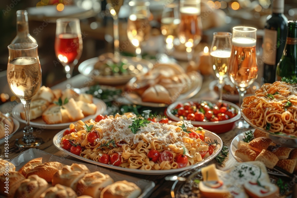 Obraz premium A family-style Italian dinner with a large table full of pasta dishes